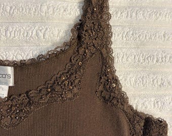 Y2K Chicos Cami Top Womens XL Chocolate brown Lace Ribbed Fairy Grunge Goblin