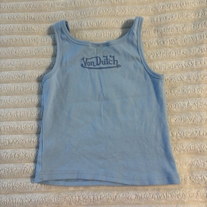 Von Dutch Tank Top Womens Large Baby Blue Logo All Over Crop Y2K Motorcycle image 9