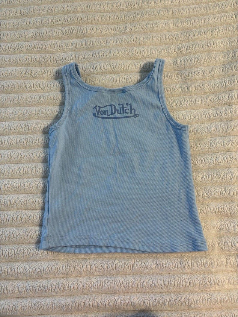 Von Dutch Tank Top Womens Large Baby Blue Logo All Over Crop Y2K Motorcycle image 9