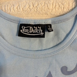 Von Dutch Tank Top Womens Large Baby Blue Logo All Over Crop Y2K Motorcycle image 6