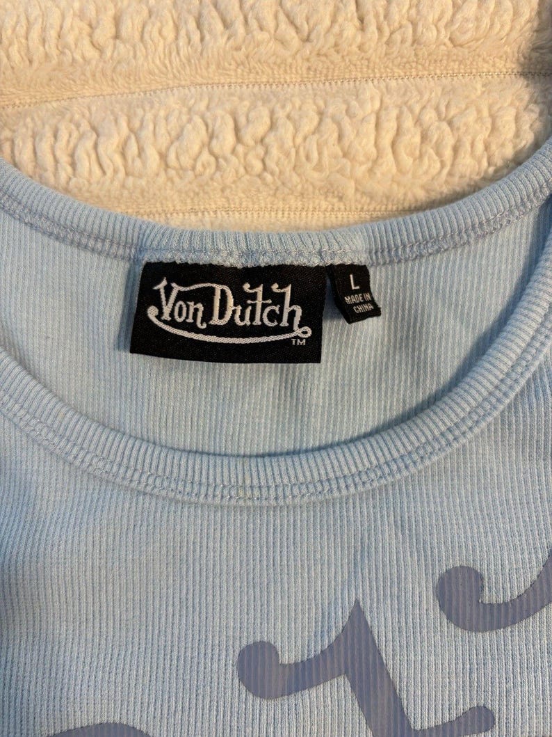 Von Dutch Tank Top Womens Large Baby Blue Logo All Over Crop Y2K Motorcycle image 6