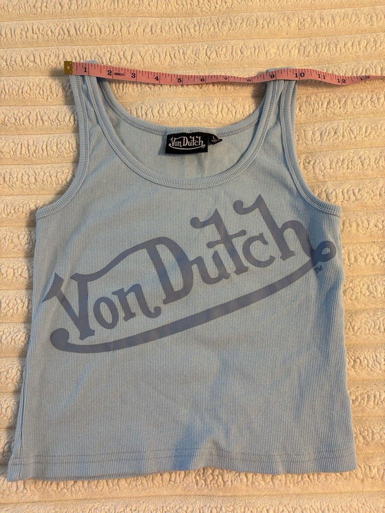 Von Dutch Tank Top Womens Large Baby Blue Logo All Over Crop Y2K Motorcycle image 7