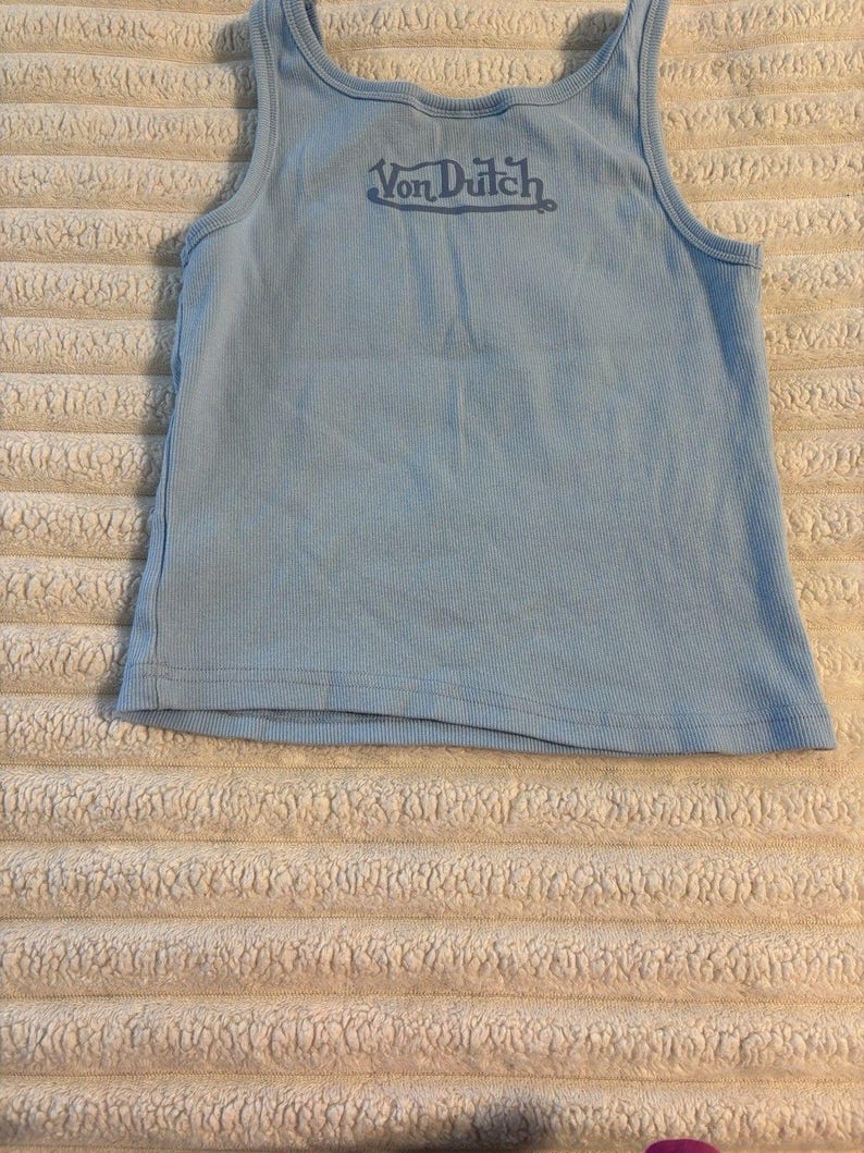 Von Dutch Tank Top Womens Large Baby Blue Logo All Over Crop Y2K Motorcycle image 8