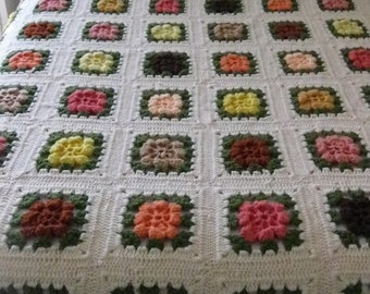 Hand Crochet Vintage Bed Size Spread Topper,Large 3D Roses,Granny Squares,Queen 77x102  #CR
