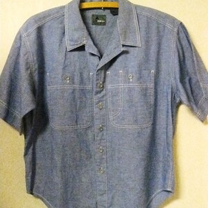 Lizwear Denim Shirt Size Petite Medium Button up Short Sleeve Cotton Hong Kong 1990s Top Blouse Y2K