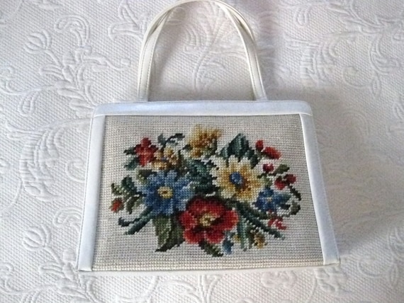 1960s Handbag Purse Needlepoint Flowers Bouquet W… - image 1