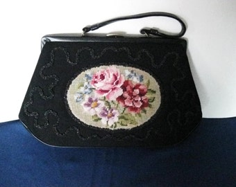 Vintage 1950's Needlepoint Roses Black Wool CLAIRE FASHIONS Handbag-Purse-Beading-Seed Beads--#CCR