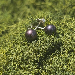 May include: A pair of stud earrings featuring round, dark purple-toned pearls with a smooth, reflective surface. Each pearl is securely mounted on a silver-toned metal post with a matching butterfly-style backing, visible behind the pearl.