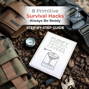 Primitive Survival Hacks Mini Booklet – 8 Essential Wilderness Tips with Sketches | Printable A4 Folding Guide for Emergency Preparedness