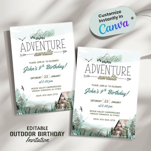 Faire-part d'anniversaire en plein air modifiable | Modèle de fête à thème de camping | L'aventure vous attend sur une invitation imprimable | Toile | Anniversaire nature pour enfants