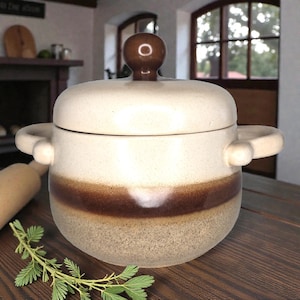 May include: A cream-coloured ceramic cooking pot with a lid and brown accents. The pot has a brown band around the middle and a speckled, tan base. It features two loop handles and a brown knob on the lid. A rolling pin and greenery are in the background.