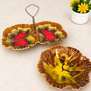 Duo Plats Belgo Céramique Festonnés - Vintage 1960s Mid Century Modern Drip Glaze Red Yellow - Retro Decor Serving Dish Set - Quebec Pottery