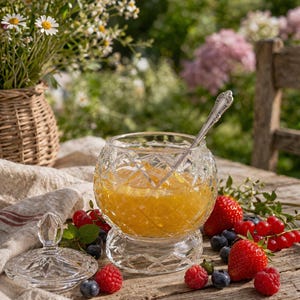 May include: A clear, cut-glass crystal bowl with a diamond pattern filled with golden orange marmalade, accompanied by a matching lid, a silver spoon, and scattered fresh strawberries, raspberries, and blueberries on a wooden surface.