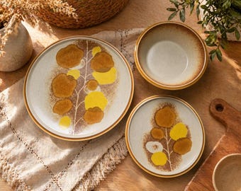 Lot 11pcs Vaisselle Vintage - Mikasa Stylekraft Leaf Song - Assiettes Grès Japan 70s - Retro Kitchen Decor Boho Stoneware Plates Mid Century