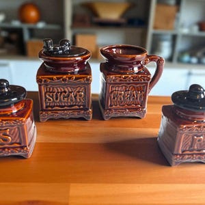 Ensemble Salière Poivrière Sucrier Crémier Vintage Céramique Coffee Mill Japan 1960s Retro Kitchen Decor Brun Noir Mid Century Pottery Gift