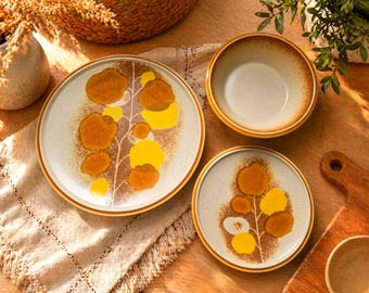 Lot 11pcs Vaisselle Vintage - Mikasa Stylekraft Leaf Song - Assiettes Grès Japan 70s - Retro Kitchen Decor Boho Stoneware Plates Mid Century