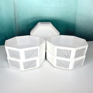 Arcopal Octagonal 6" Bowl Set - Black Lines 1980s - Vintage White Milk Glass - Memphis Style Bowls - Retro Tableware - Kitchenware