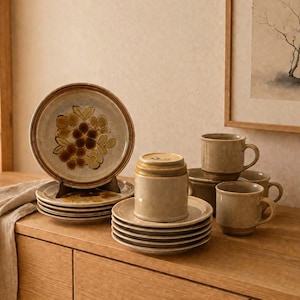 Yamaka Stoneware Japan 18-Piece Vintage Mocha Floral Mid-Century Modern Breakfast Set Japanese Stoneware Retro Boho Decor