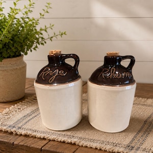 Beauce Ceramic Jugs - Rye & Rum - Vintage Quebec Pottery - Mid-Century Barware - Rustic Farmhouse Decor - Canadian Antique 2103