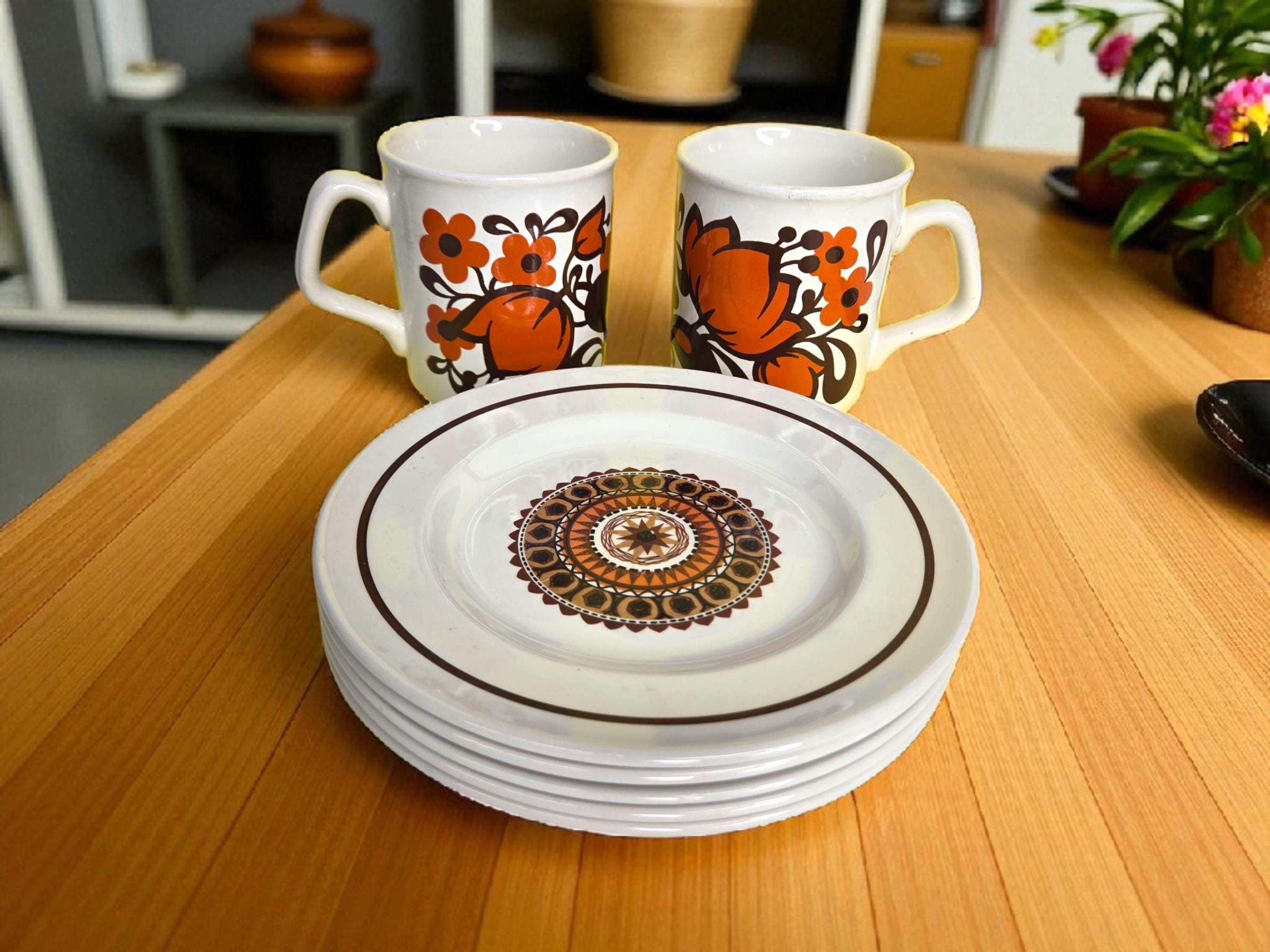 Lot De 6 Grandes Tasses à Thé Vintage Tuscia Années 70 – Motif Fleurs Oranges