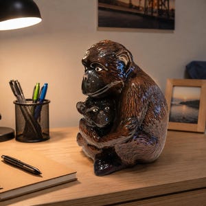 Peut inclure: Une figurine en céramique marron brillant représentant un grand singe serrant un plus petit singe dans ses bras. La sculpture présente des textures de fourrure détaillées, des traits faciaux sombres et des yeux blancs, dans une pose protectrice.