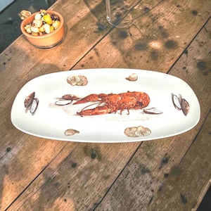 Große, antike Keramik-Servierplatte in Hummerform, 40 cm (16 Zoll), Küstendekor, Meer & Muscheln – Ovaler Fischteller