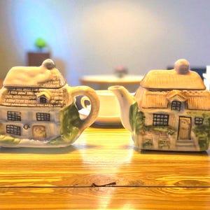 Duo Théières Miniatures Cottage Ware Céramique - Vintage English Style House - Small Teapots Collection - Déco Cuisine Campagne Shabby Chic