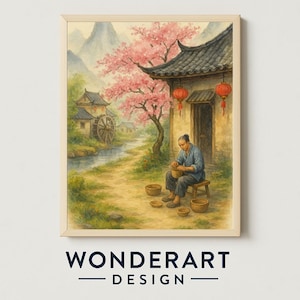 Chinese Village Spring Sakura Wall Art | Watercolor Digital Print of Cherry Blossom Landscape | Basket Weaver Illustration Download