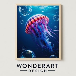 Glowing Jellyfish Underwater Print – Vibrant Ocean Digital Wall Art with Bubbles