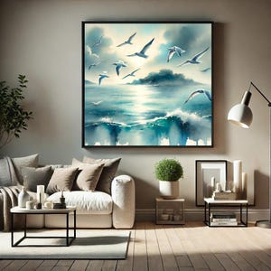 Coastal Flying Birds Watercolor Seagulls Wall Art | Ocean Landscape Printable | Serene Blue Sea Nautical Decor Digital Download