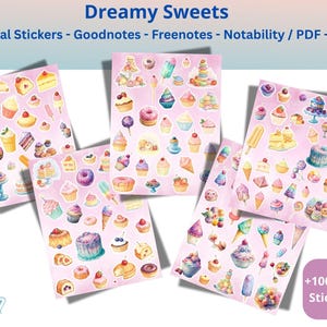 Könnte beinhalten: Rosa digitale Stickerbögen mit Aquarellillustrationen von Kuchen, Cupcakes, Eis und Donuts. Der Text "Dreamy Sweets" und "+100 Digital Sticker Set" ist sichtbar. Die Sticker sind für Goodnotes, Freenotes und Notability.