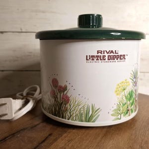 Vintage 1980s Rival "Little Dipper" Electric Stoneware Mini Crock Pot, Potpourri/ Simmer Pot, Fondue Warmer, Botanical Garden Herbs Design