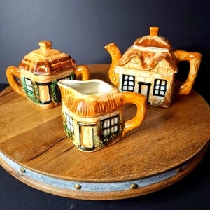 Early Mid Century Japanese Vintage Cottageware Ceramic Tea Set, Hand Painted Tea Pot, Covered Sugar Bowl, and Creamer