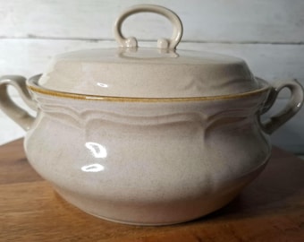 Vintage 1970s Hearthside Stoneware "The Classics" Baroque Style Covered Vegetable Dish,  Speckled Almond Beige and Brown Trim