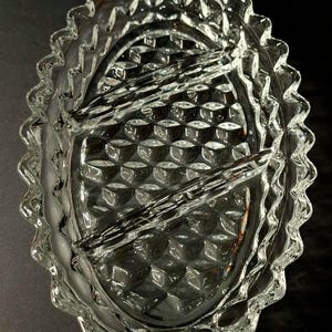 Fostoria American Clear Stem 2056 9 1/2 inch Oval 3 Part Divided Relish Serving Dish Tray Traditional Cube Pattern Flared Rim