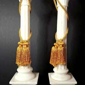 Rare Early Mid Century Italian Neoclassical Carved Alabaster Ionic Column Table Lamps PAIR with Original Gold Cord Sashes and Brass Harps
