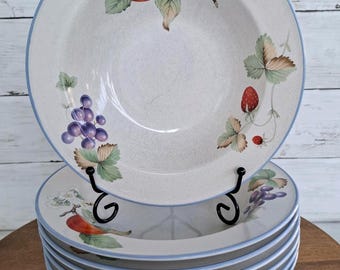 Savoir Vivre "LUSCIOUS" Pattern Rimmed Soup Bowls, Set of Seven Vintage 1990s Speckled Stoneware Strawberry, Apple, and Grapes Fruit Design