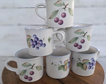 Savoir Vivre "Luscious" Pattern Stoneware Coffee Mugs / Tea Cups, Set of 6