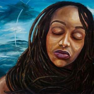 May include: A painting of a woman with long, dark dreadlocks. Her eyes are closed and she is looking down. The background is a blue and white sky with clouds.