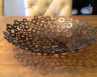 Blackened Steel Washer Bowl: Abstract Metal Art Sculpture