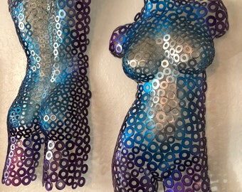 Blue and Purple metal art torso Sculpture Man and Women set by Holly Lentz