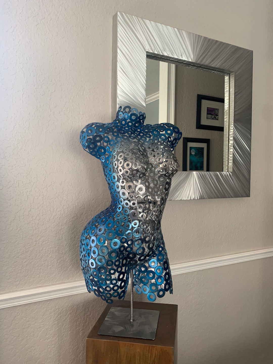Blue Silver Metal Torso Free Standing Home Decor Torso Sculpture by