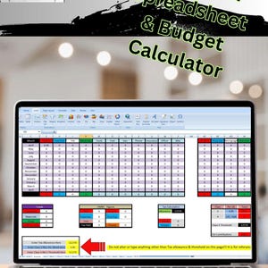 Può includere: Uno schermo di laptop che mostra un foglio di calcolo con un calcolatore di dichiarazione dei redditi e budget. Il foglio di calcolo è diviso in colonne per ogni mese dell'anno e include categorie come materiali, strumenti, carburante, furgone, telefono, assicurazione, ufficio e varie. Il foglio di calcolo include anche una sezione per il calcolo delle tasse, con un'indennità fiscale di 12.570 e una soglia di classe 4 di 12.570.