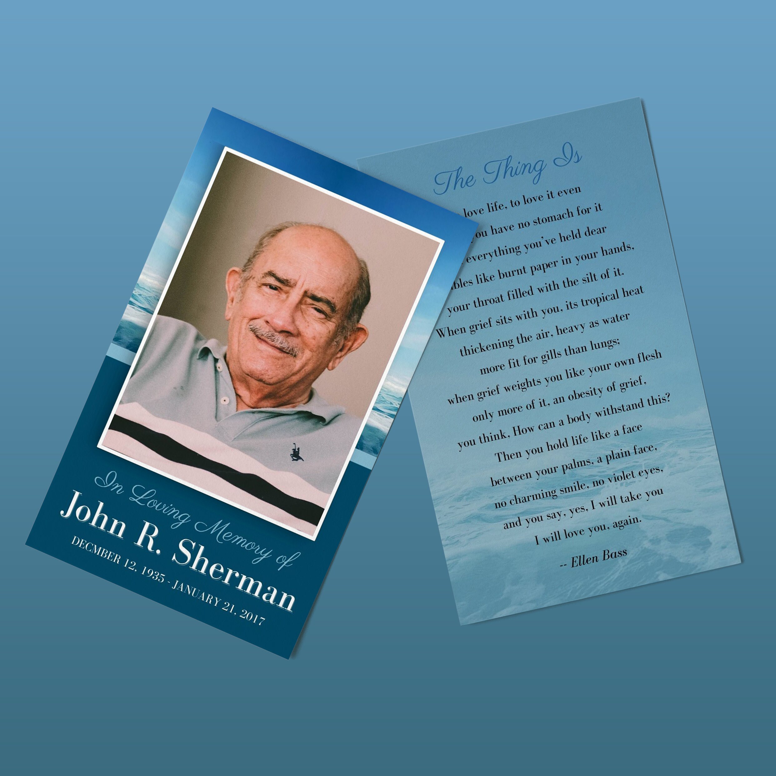 Serene Ocean Funeral Obituary Card Template Editable in Canva