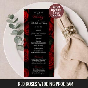 May include: A rectangular wedding program card featuring a black center panel with white text listing the ceremony order, flanked by deep red rose patterns on both sides. The text includes names like Michelle and Simon and the date 06.01.2024.