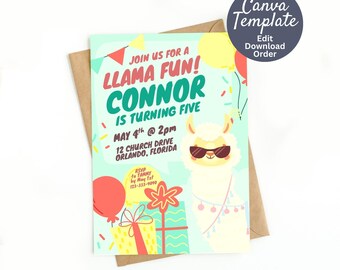 Kids Llama Fun Birthday Party Invitation Editable Template for Canva