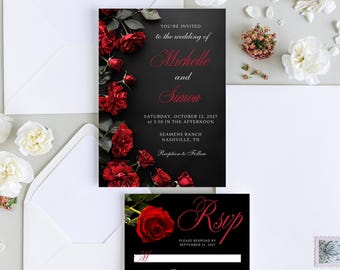 Red Roses Wedding Invitation with RSVP card, Editable Template