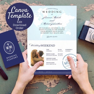 Bearbeitbare Pass-Hochzeitseinladung für die Hochzeit in Ihrer Heimat - DIY Canva Template