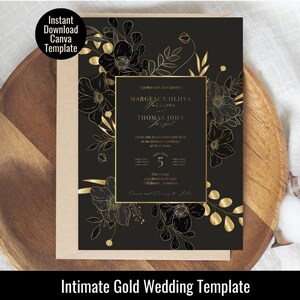 May include: A black wedding invitation template featuring gold line art of flowers and leaves. The center contains a gold-bordered rectangle with text including the names Margeaux Olhiva and Thomas John Forgel, date September 5, and location details.