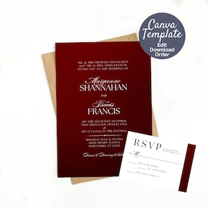 Elegante Burgunder Hochzeitseinladungs-Vorlage | Formelle rote Hochzeit einladen | Bearbeitbarer Canva PDF-Download